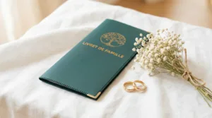 Idée cadeau mariage ou naissance : pochette livret de famille élégante vert et or.