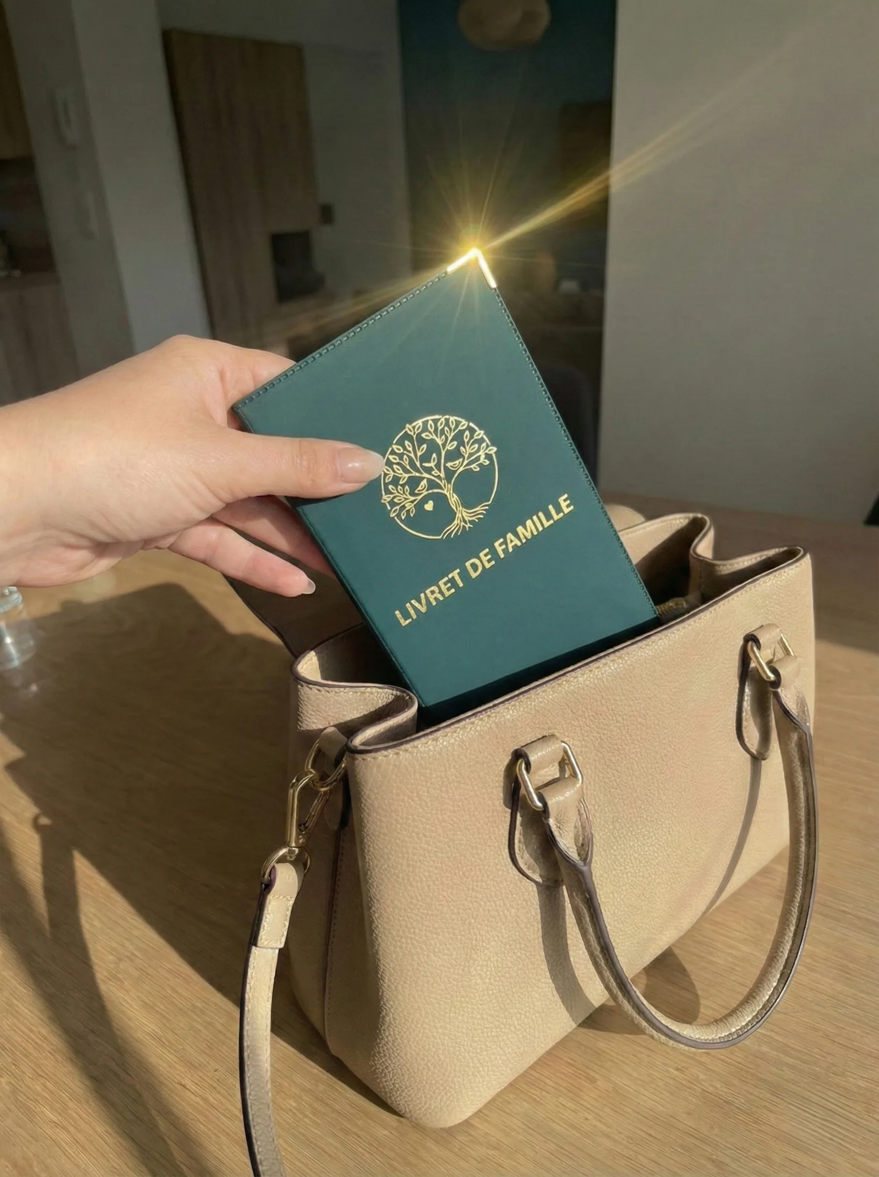 Protège livret de famille Habeygard® vert glissé dans un sac à main