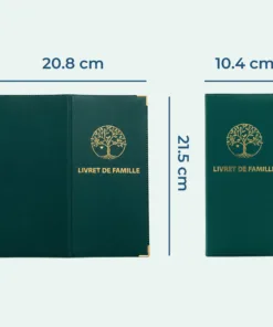 Protège livret de famille Habeygard® vert bouteille – dimensions ouvert 20,8x21,5 cm, fermé 10,4x21,5 cm