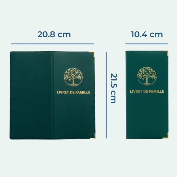 Protège livret de famille Habeygard® vert bouteille – dimensions ouvert 20,8x21,5 cm, fermé 10,4x21,5 cm