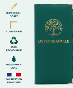 Protège livret de famille Habeygard® vert bouteille – impression dorée, coins en or, 100% recyclable, résistant à l'eau, fabrication française