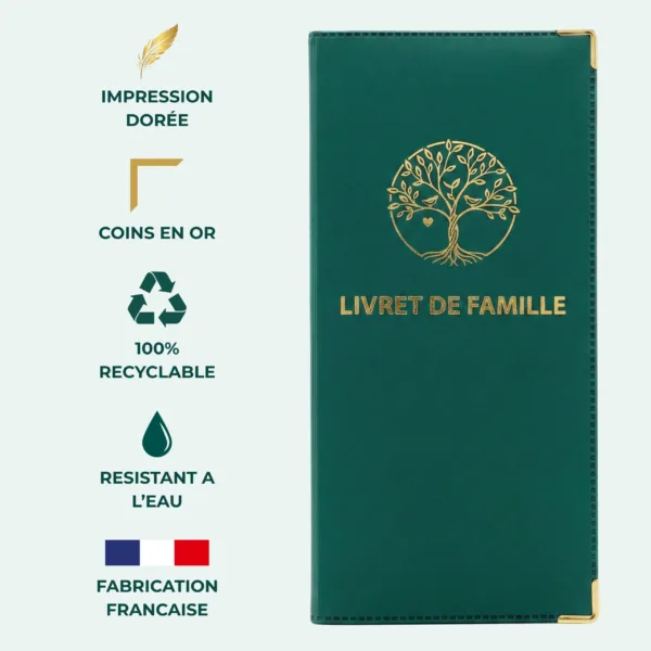 Protège livret de famille Habeygard® vert bouteille – impression dorée, coins en or, 100% recyclable, résistant à l'eau, fabrication française