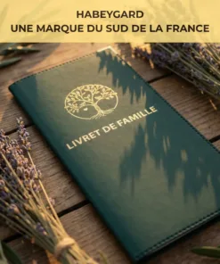 Protège livret de famille Habeygard® vert bouteille entouré de lavande – marque du Sud de la France