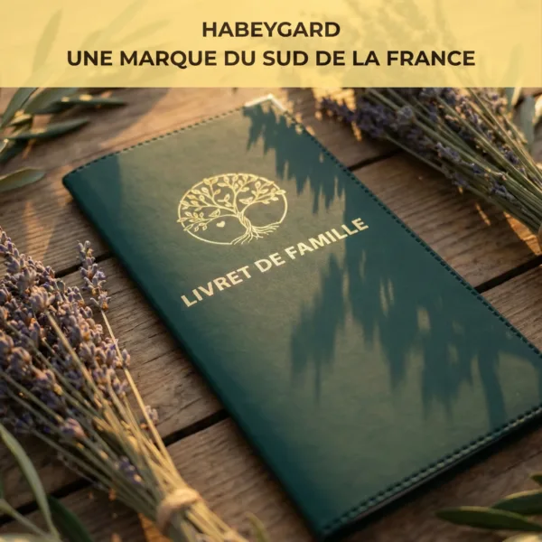 Protège livret de famille Habeygard® vert bouteille entouré de lavande – marque du Sud de la France
