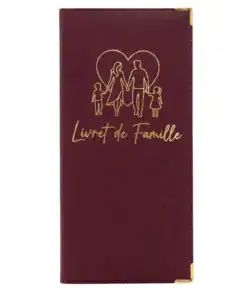 Protège livret de famille Habeygard® bordeaux – couverture fermée, inscription dorée et famille stylisée, coins métal or