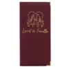 Protège livret de famille Habeygard® bordeaux – couverture fermée, inscription dorée et famille stylisée, coins métal or