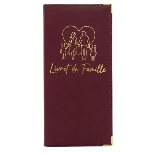 Protège livret de famille Habeygard® bordeaux – couverture fermée, inscription dorée et famille stylisée, coins métal or