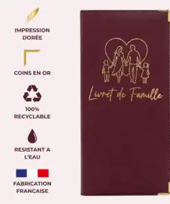 Protège livret de famille Habeygard® bordeaux – impression dorée, coins en or, 100% recyclable, résistant à l'eau, fabrication française