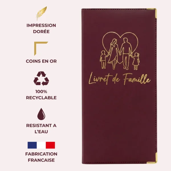 Protège livret de famille Habeygard® bordeaux – impression dorée, coins en or, 100% recyclable, résistant à l'eau, fabrication française