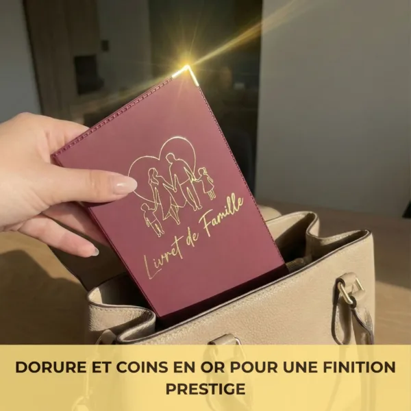 Protège livret de famille Habeygard® bordeaux – dorure et coins en or pour une finition prestige, tenu en main