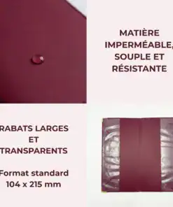 Protège livret de famille Habeygard® bordeaux – matière imperméable souple, rabats larges transparents, format 104x215mm