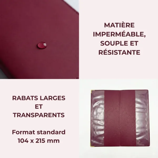 Protège livret de famille Habeygard® bordeaux – matière imperméable souple, rabats larges transparents, format 104x215mm