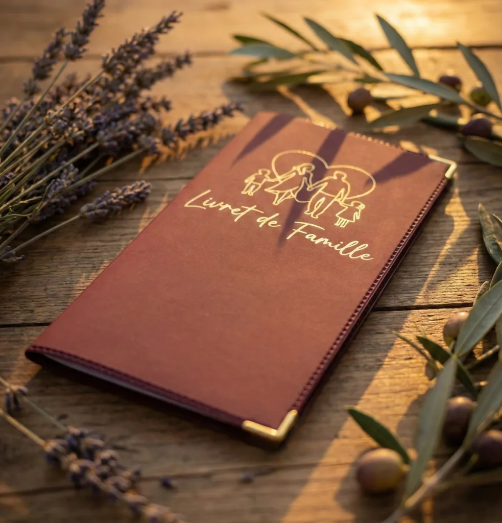 Protège livret de famille Habeygard® bordeaux sur table en bois avec lavande