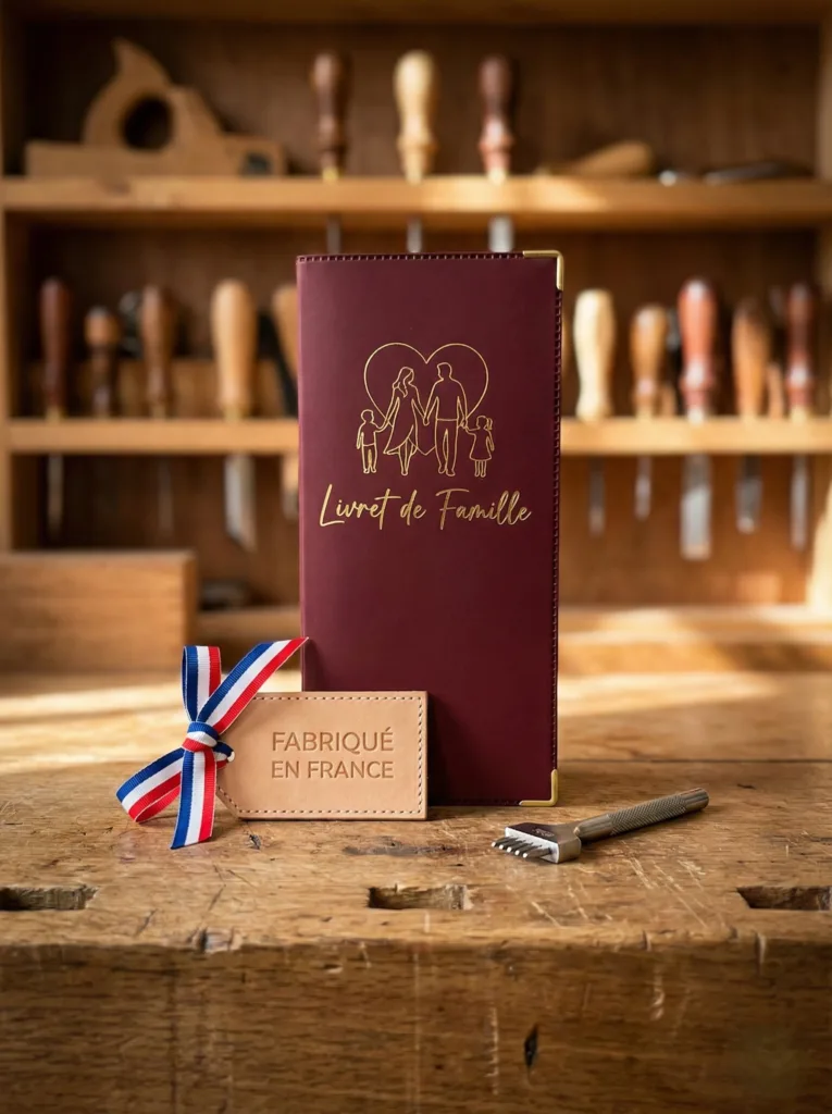 Protège livret de famille Habeygard® bordeaux sur établi — Fabriqué en France
