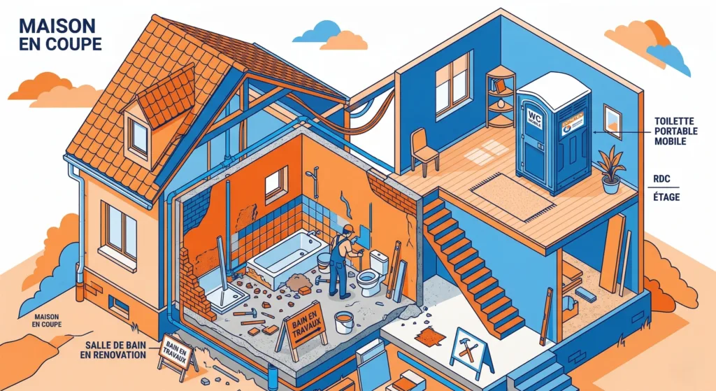 Illustration coupe maison en travaux avec toilette portable Habeygard® à l'étage