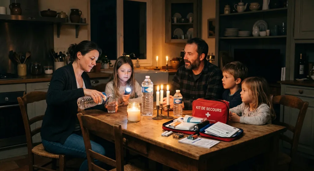 Famille éclairée à la bougie lors d'une coupure de courant avec kit d'urgence