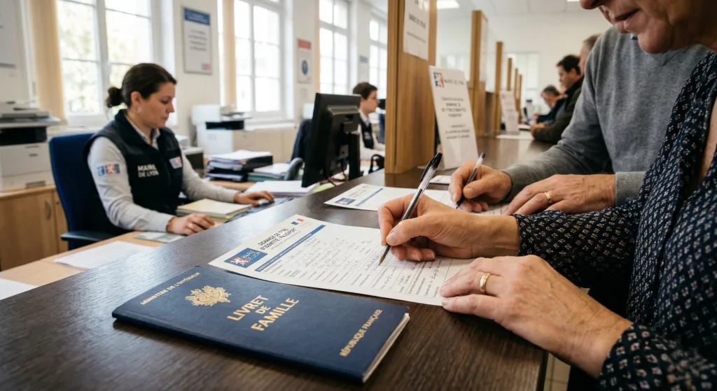 Personne remplissant un formulaire administratif au guichet d'une mairie