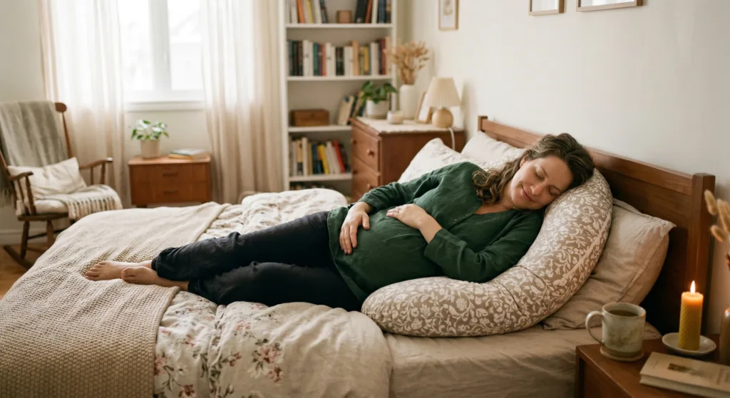 Femme enceinte allongée sur un lit avec oreiller de grossesse