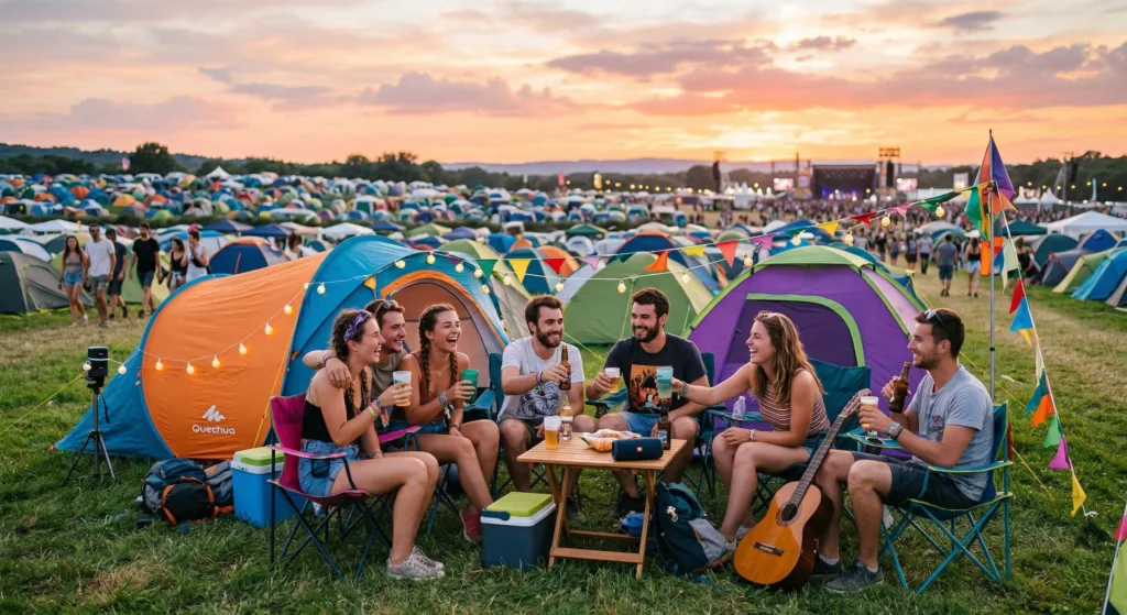 Groupe d'amis en festival de musique entouré de tentes colorées au coucher du soleil