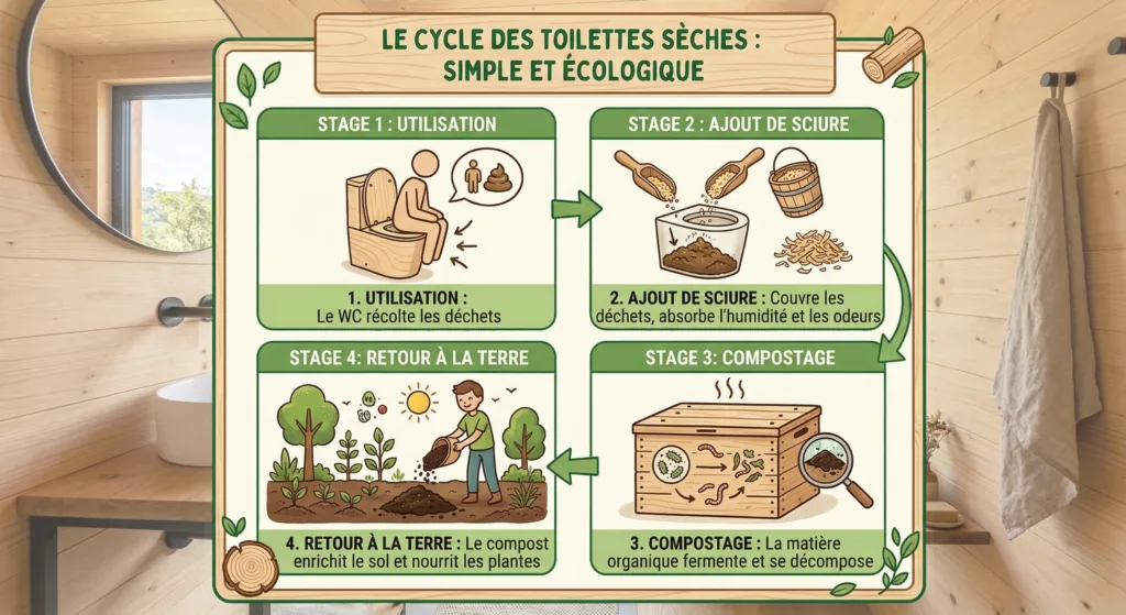 Infographie cycle toilettes sèches — utilisation, sciure, compostage, retour terre