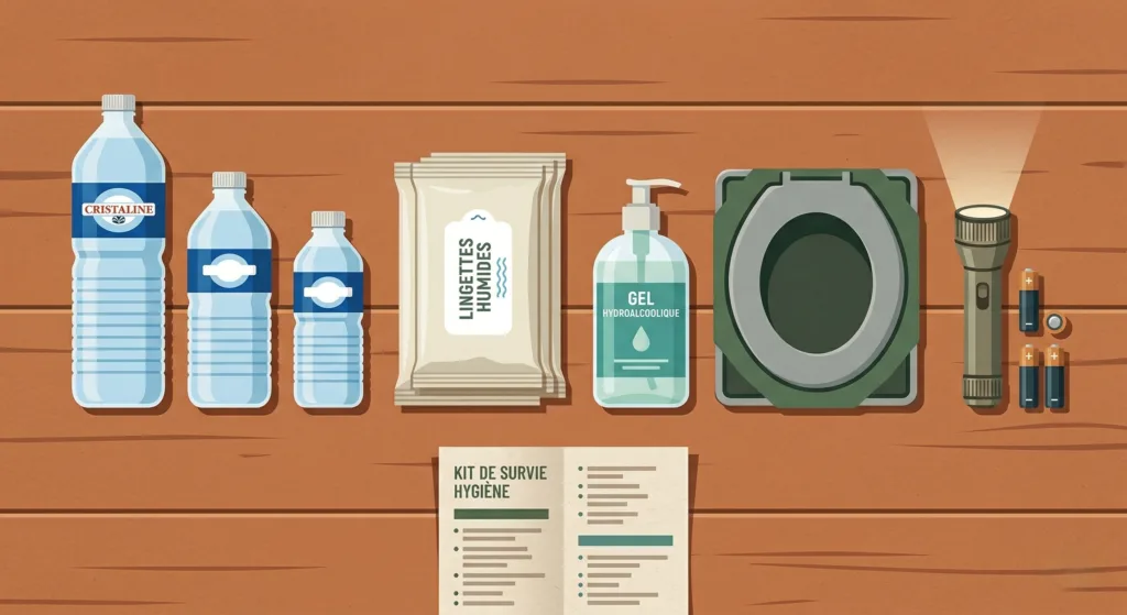 Illustration kit de survie hygiène — bouteilles, lingettes, toilette portable