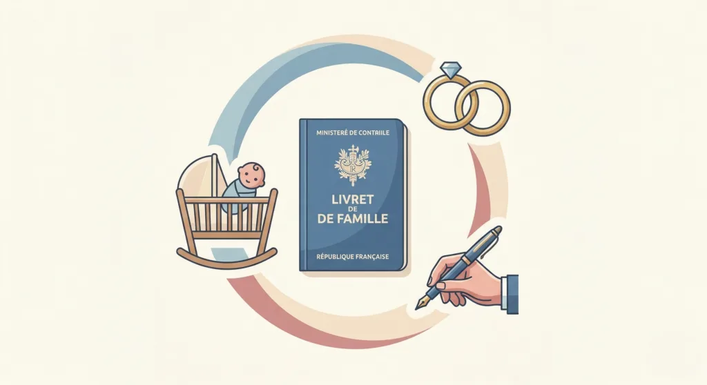 Illustration livret de famille entouré des étapes de vie — naissance, mariage
