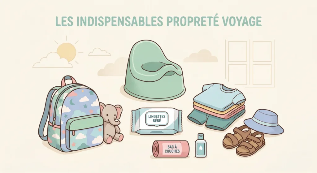 Illustration "Les indispensables propreté voyage" — pot, lingettes, affaires bébé