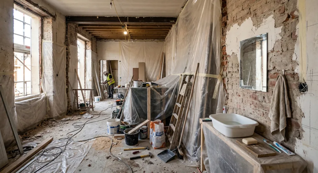 Salle de bain en cours de rénovation avec murs arrachés et lavabo exposé