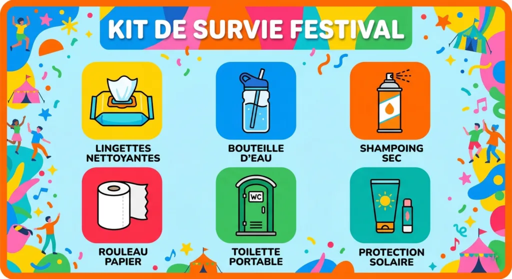Infographie "Kit de survie festival" avec toilette portable Habeygard®
