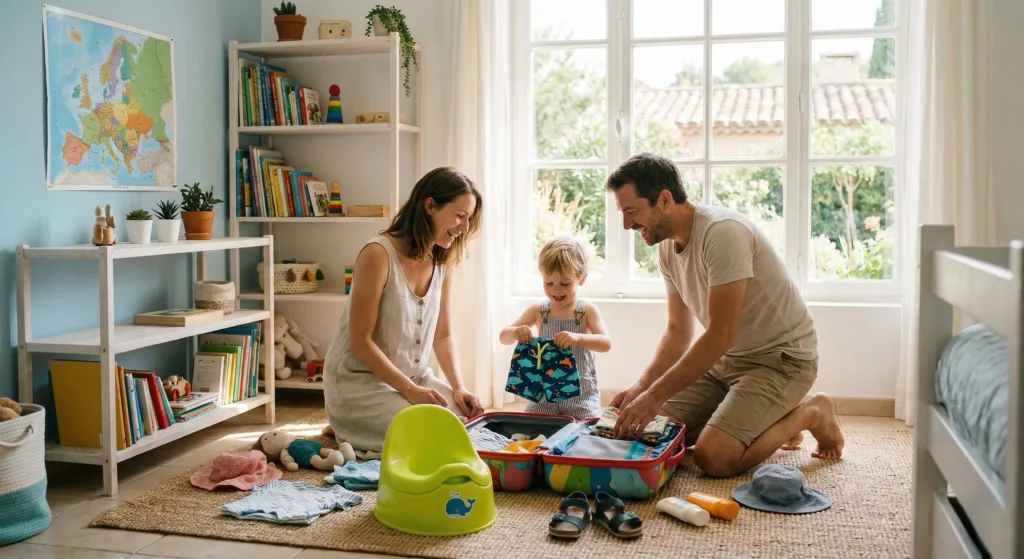 Parents aidant un enfant à apprendre la propreté dans une chambre lumineuse