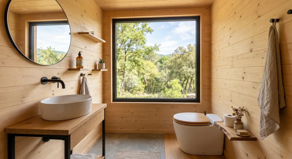 Salle de bain en bois d'une tiny house avec toilettes et vue sur la forêt