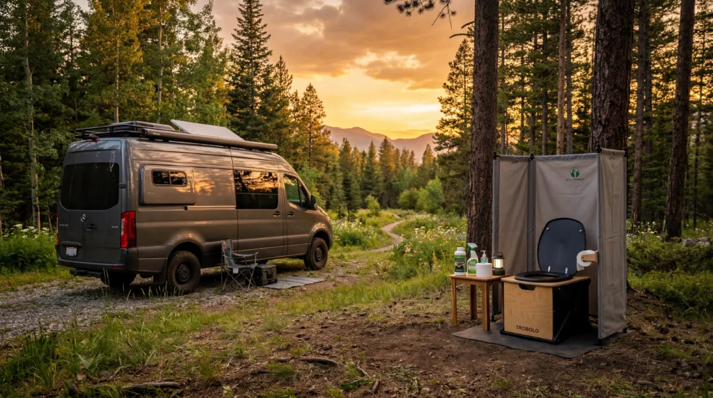 Une toilette sèche de voyage Habeygard installée à côté d'un van en pleine forêt.