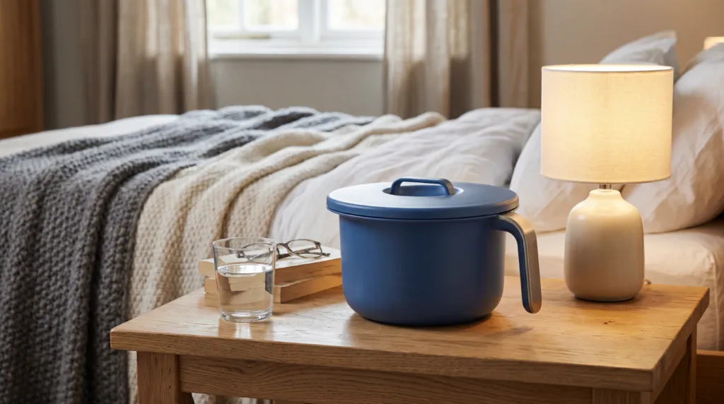 Pot de chambre adulte ergonomique Habeygard posé sur une table de nuit en bois