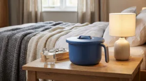 Pot de chambre adulte ergonomique Habeygard posé sur une table de nuit en bois