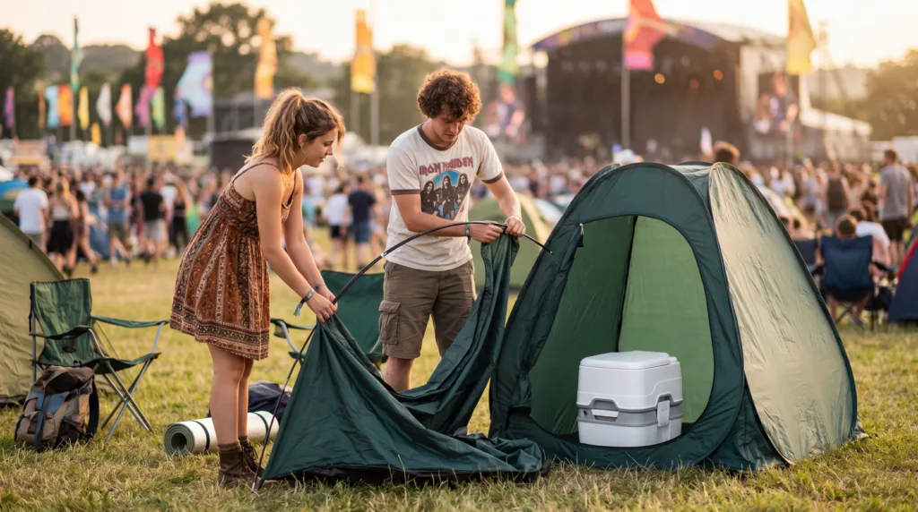 Toilette portable en festival : installation d’une toilette pliante dans une tente de confidentialité au camping festival