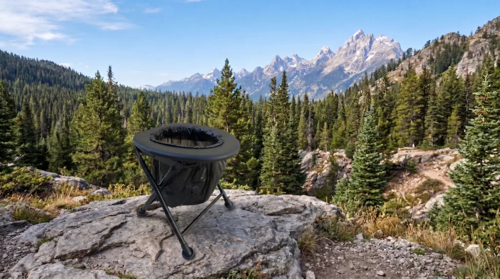 Toilette portable Habeygard® sur rocher face aux montagnes et forêt de pins
