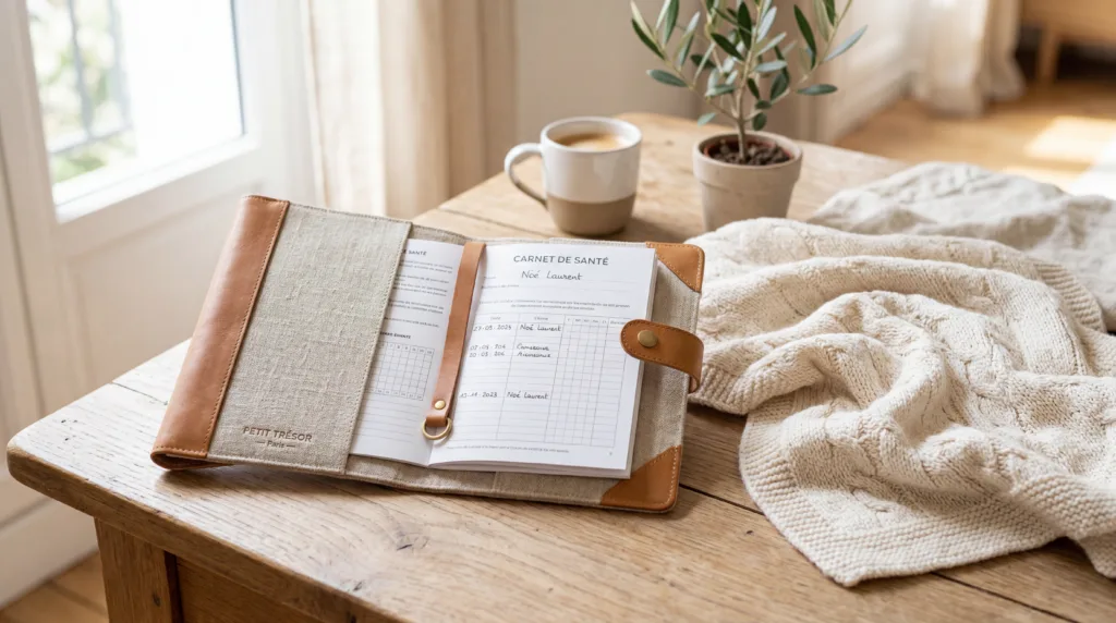 Un protège carnet de santé élégant posé sur une table en bois