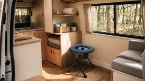 toilette portable camping-car compact rangé dans un fourgon aménagé moderne