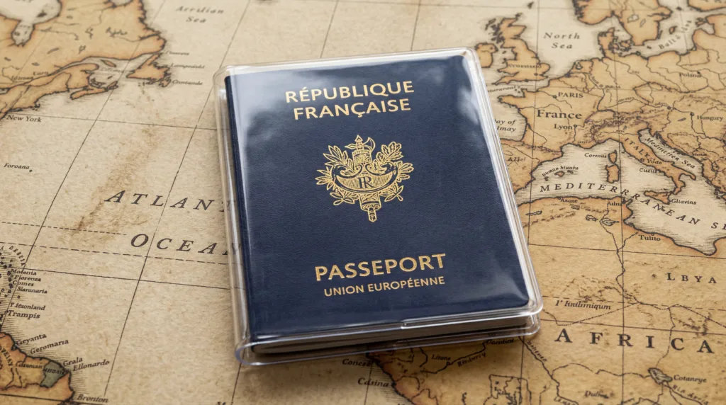 Un étui cristal passeport transparent protégeant un passeport posé sur une carte du monde.