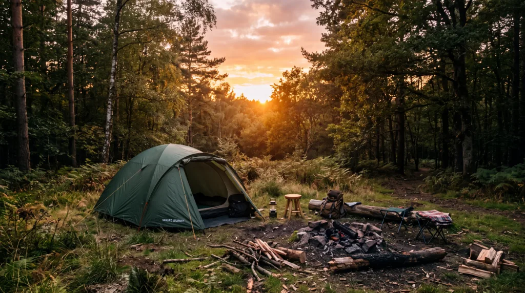 Une tente installée en forêt pour faire du camping sauvage au coucher du soleil.