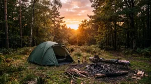 Une tente installée en forêt pour faire du camping sauvage au coucher du soleil.