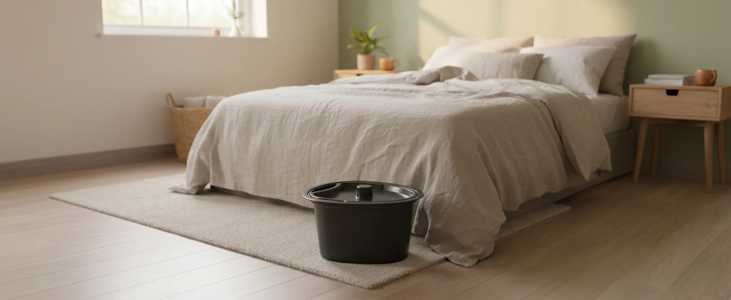 Pot de chambre Habeygard® noir posé dans une chambre lumineuse