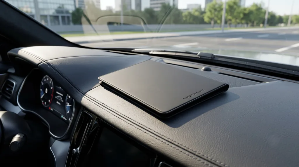 Un porte carte grise noir posé sur le tableau de bord d'une voiture.