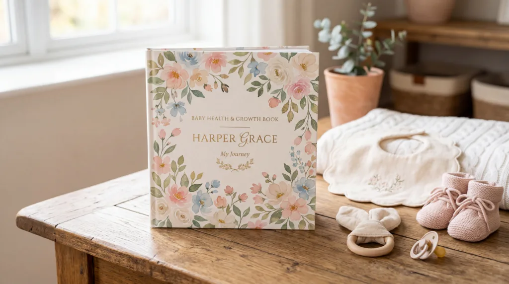 Un protège carnet de santé élégant aux motifs de fleurs pastel pour bébé.