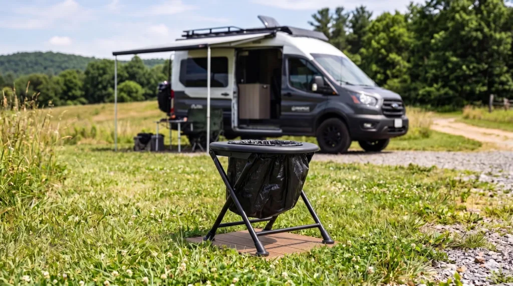 Un toilette portable pliable Habeygard installé sur l'herbe à côté d'un van de camping