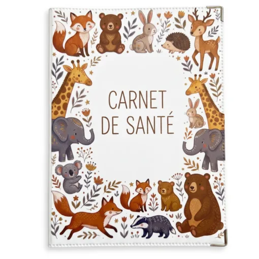 Protège carnet de santé bébé Habeygard, couverture PVC fermée avec couronne florale aquarelle, faon et lapin, coins argent