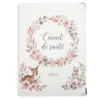 Protège carnet de santé bébé Habeygard Flowers, couverture PVC fermée avec couronne florale aquarelle, faon et lapin, coins argent