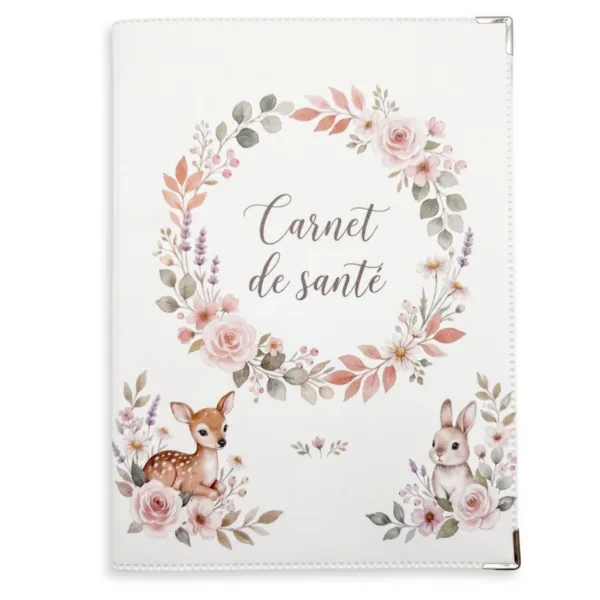 Protège carnet de santé bébé Habeygard Flowers, couverture PVC fermée avec couronne florale aquarelle, faon et lapin, coins argent