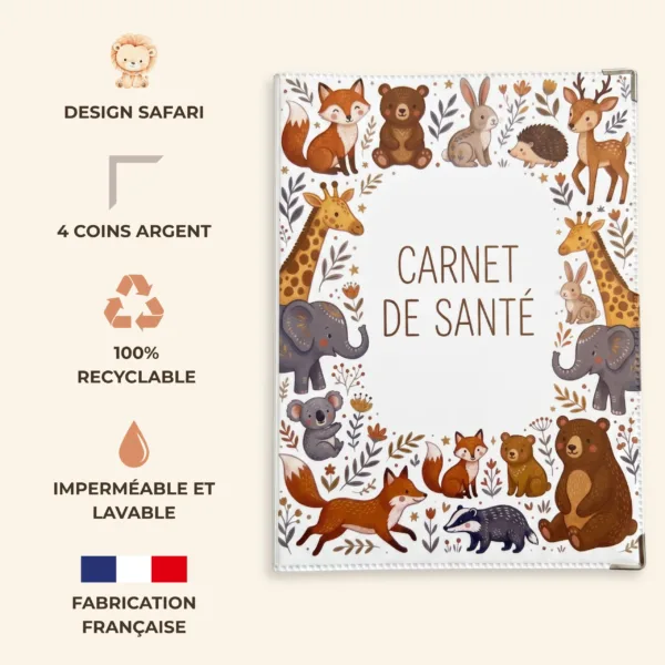 Infographie protège carnet de santé Habeygard : design floral, 4 coins argent, 100% recyclable, imperméable et lavable, fabrication française