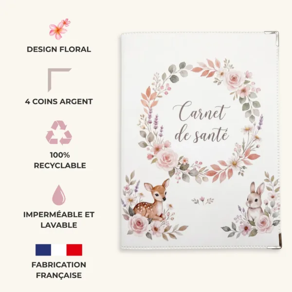 Infographie protège carnet de santé Habeygard Flowers : design floral, 4 coins argent, 100% recyclable, imperméable et lavable, fabrication française